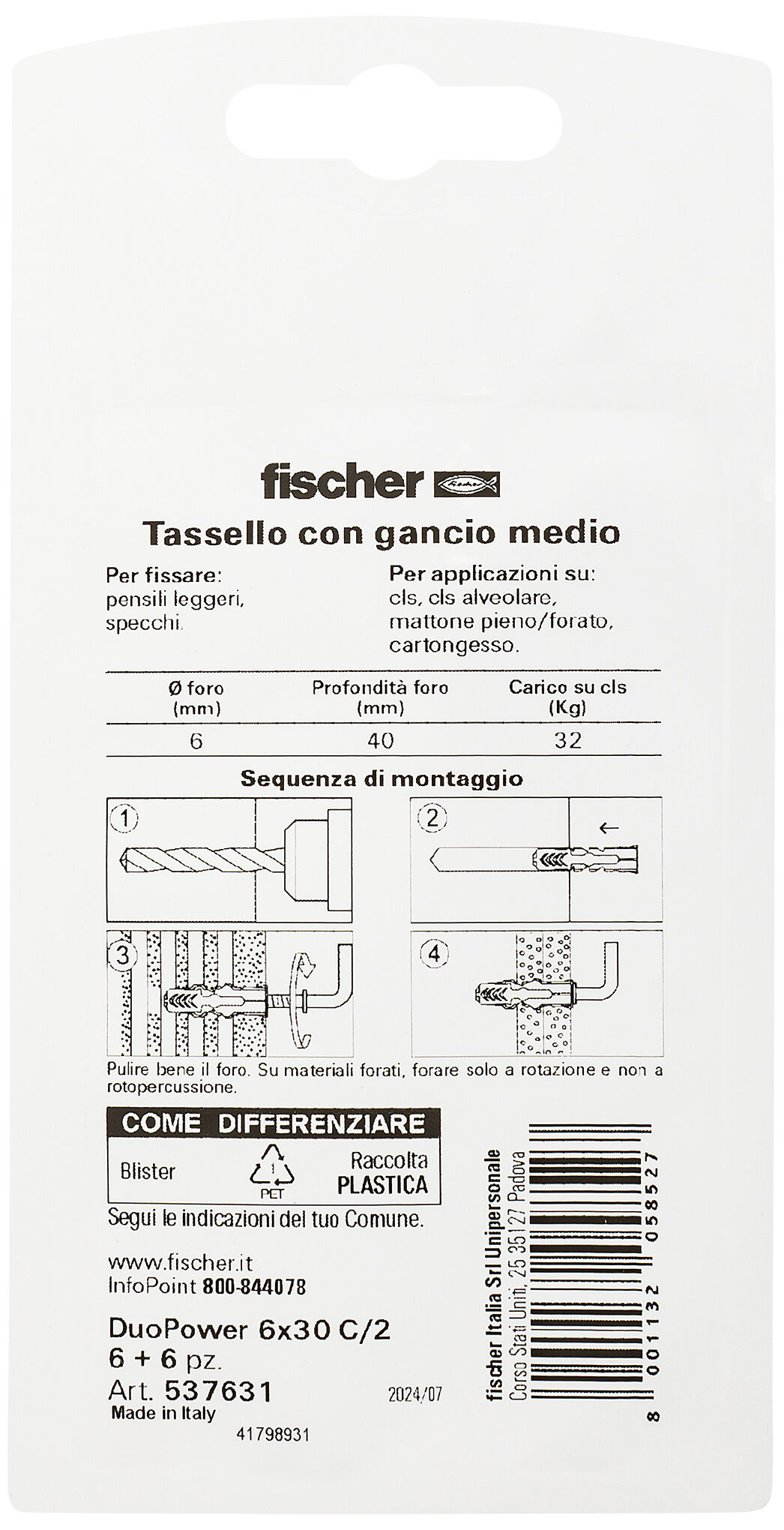 Confezione: "DuoPower 6/2 tassello con gancio medio in blister"