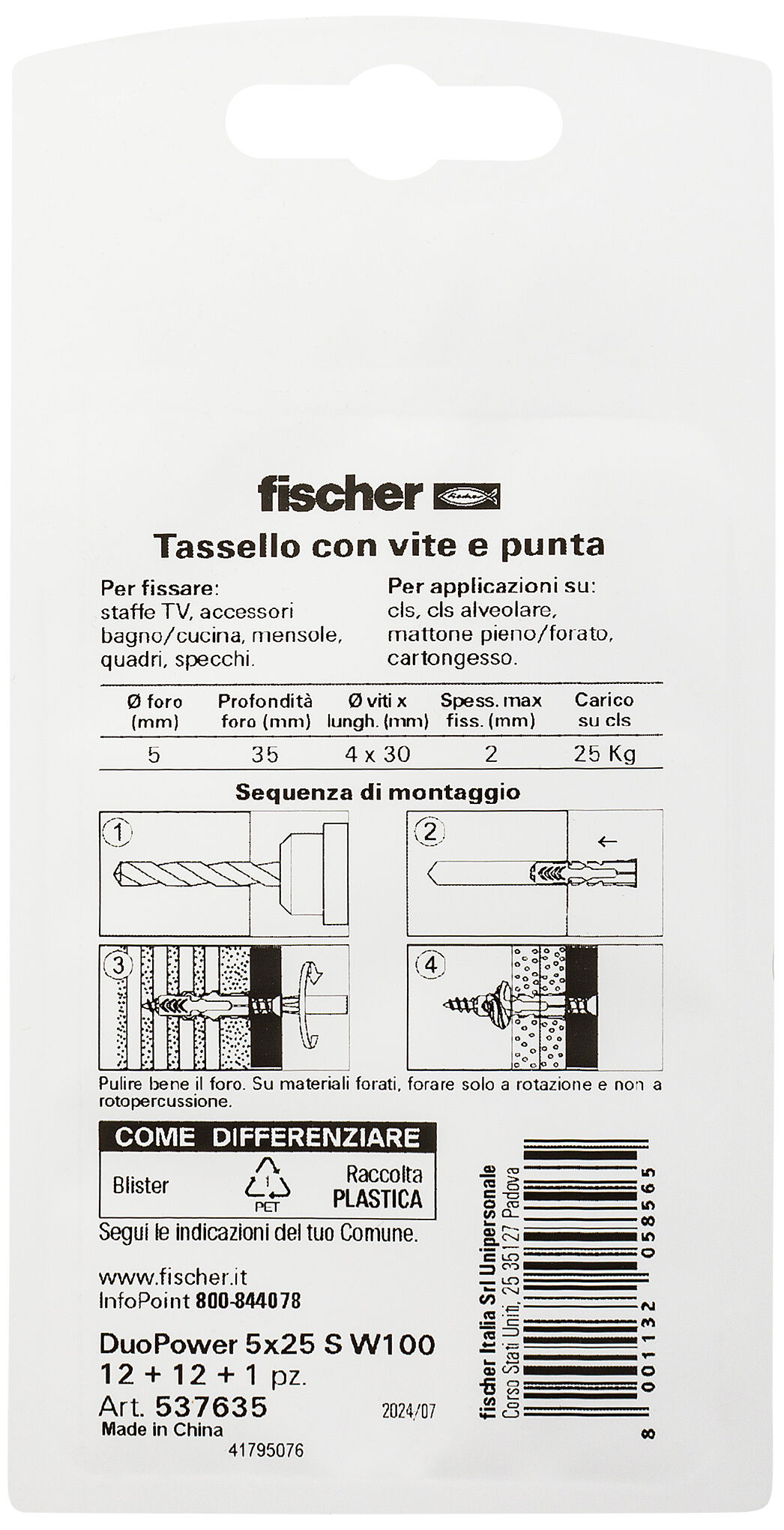 Confezione: "DuoPower 5x25 S W100 tassello con vite e punta in blister"