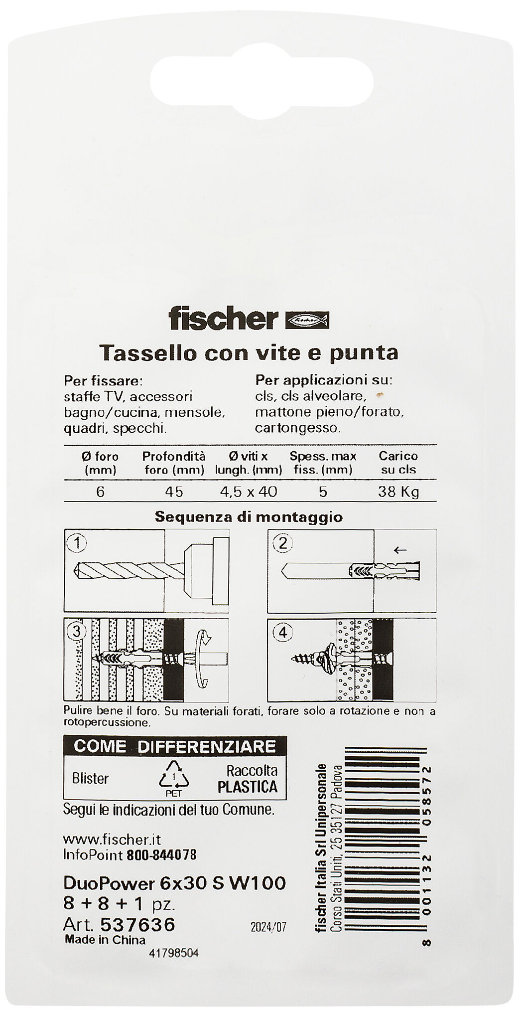 Confezione: "DuoPower 6x30 S W100 tassello con vite e punta in blister"