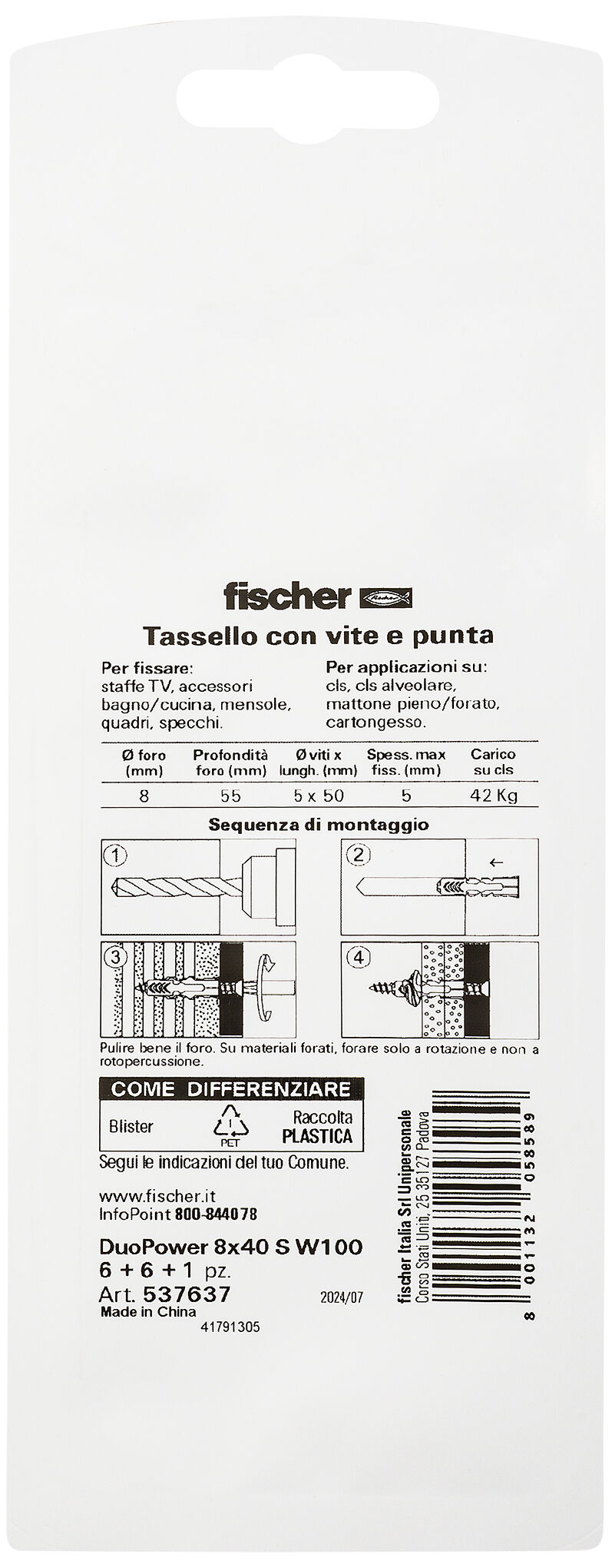 Confezione: "DuoPower 8x40 S W100 tassello con vite e punta in blister"