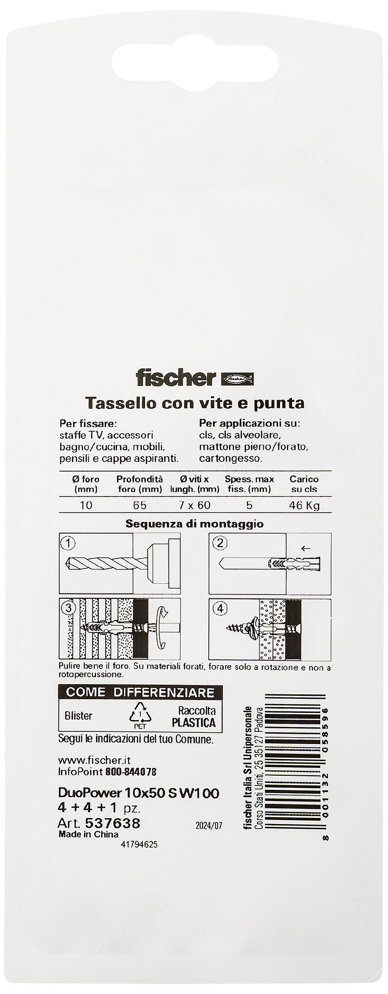 Confezione: "DuoPower 10x50 S W100 tassello con vite e punta in blister"