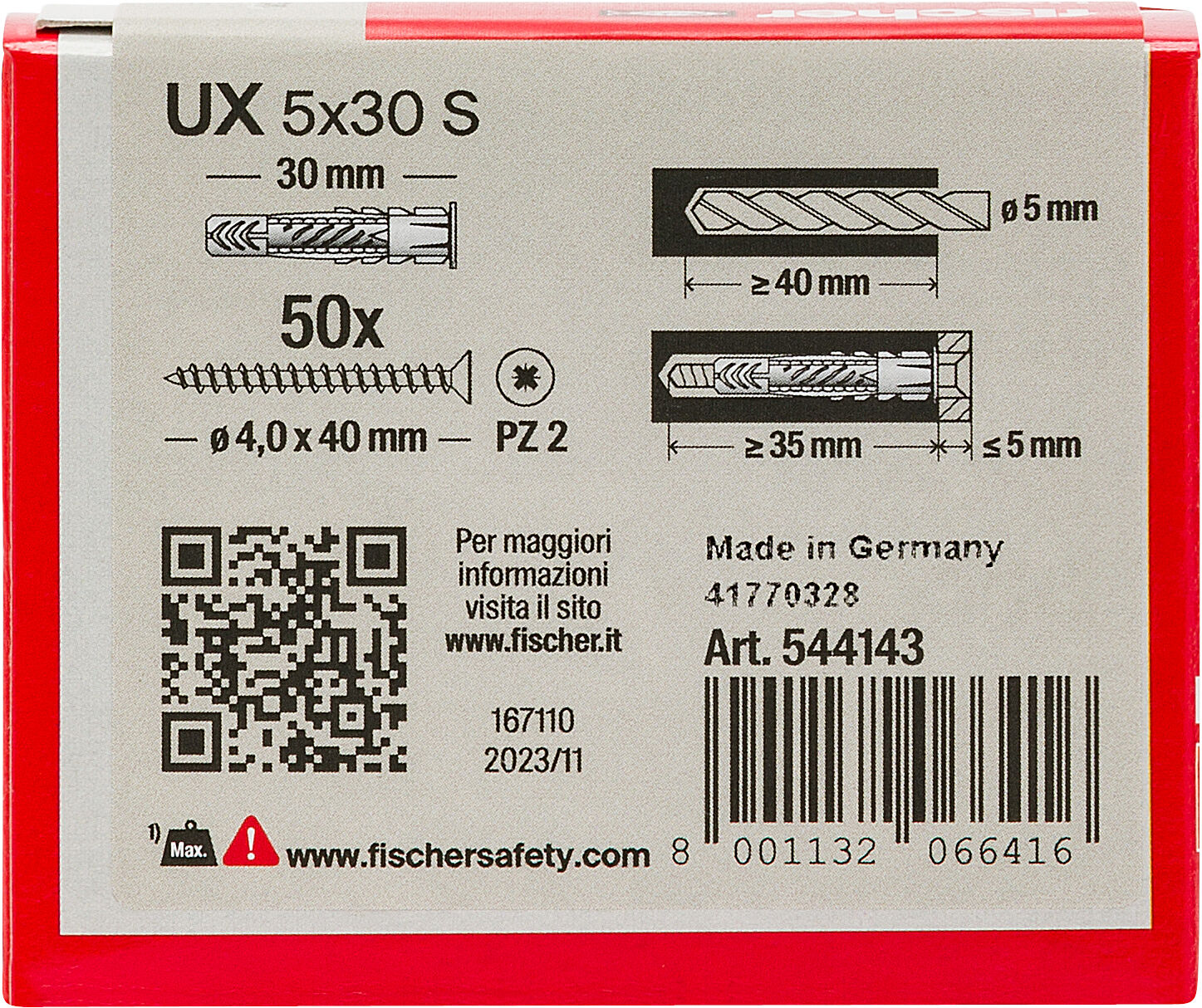 Confezione: "UX 5x30 S Y tassello con vite"