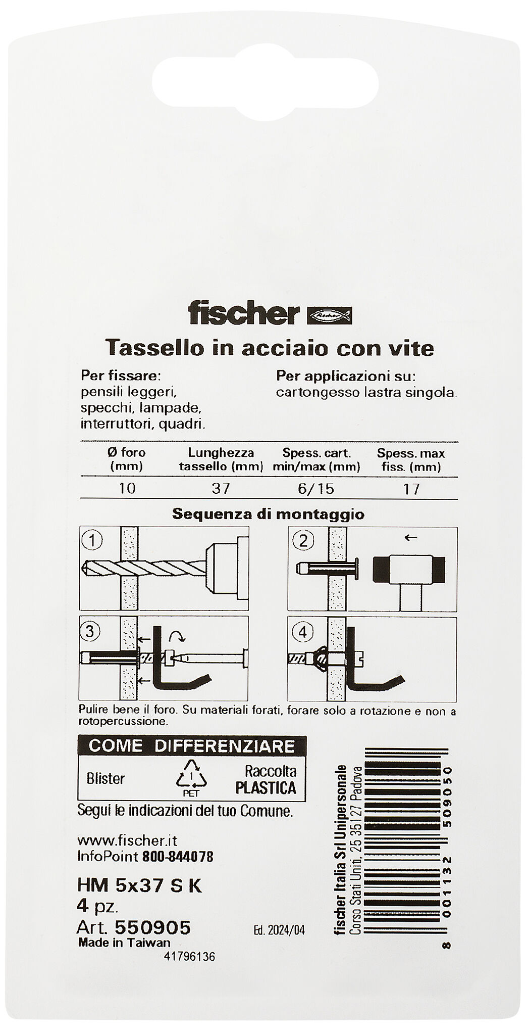 Confezione: "HM 5X37 S K Fissaggio metallico per lastre e pannelli con vite in blister"