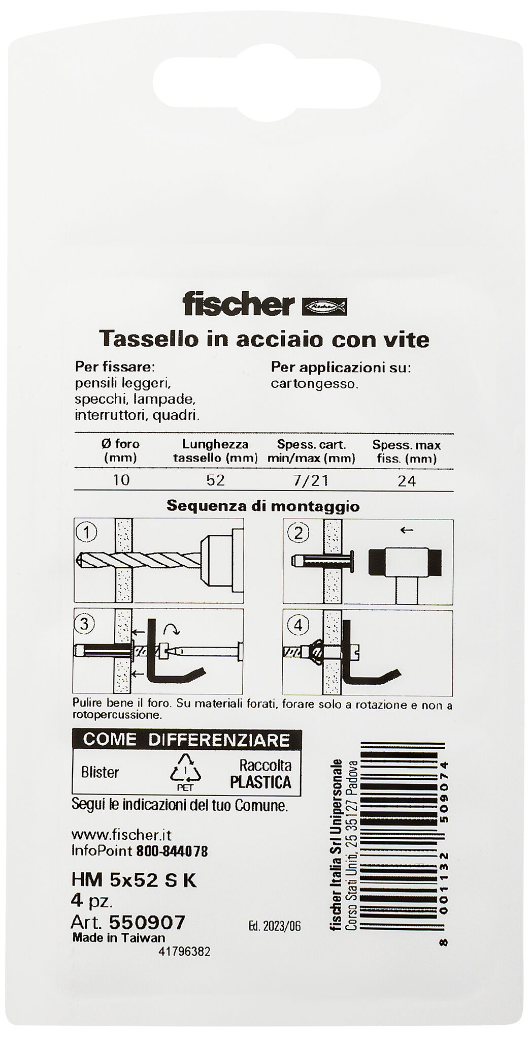 Confezione: "HM 5X52 S K Fissaggio metallico per lastre e pannelli con vite in blister"