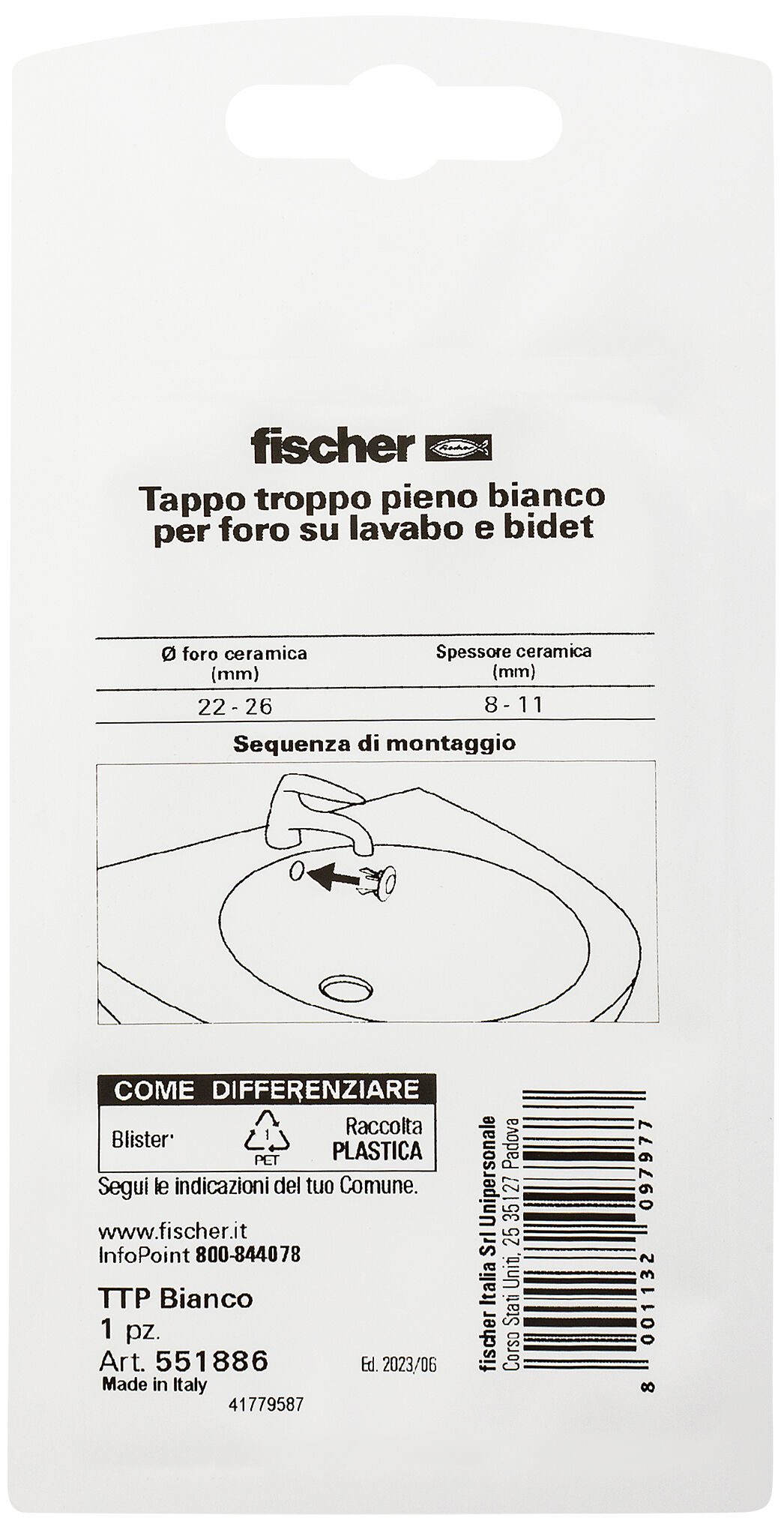 Confezione: "TTP K Tappo troppo pieno bianco in blister"