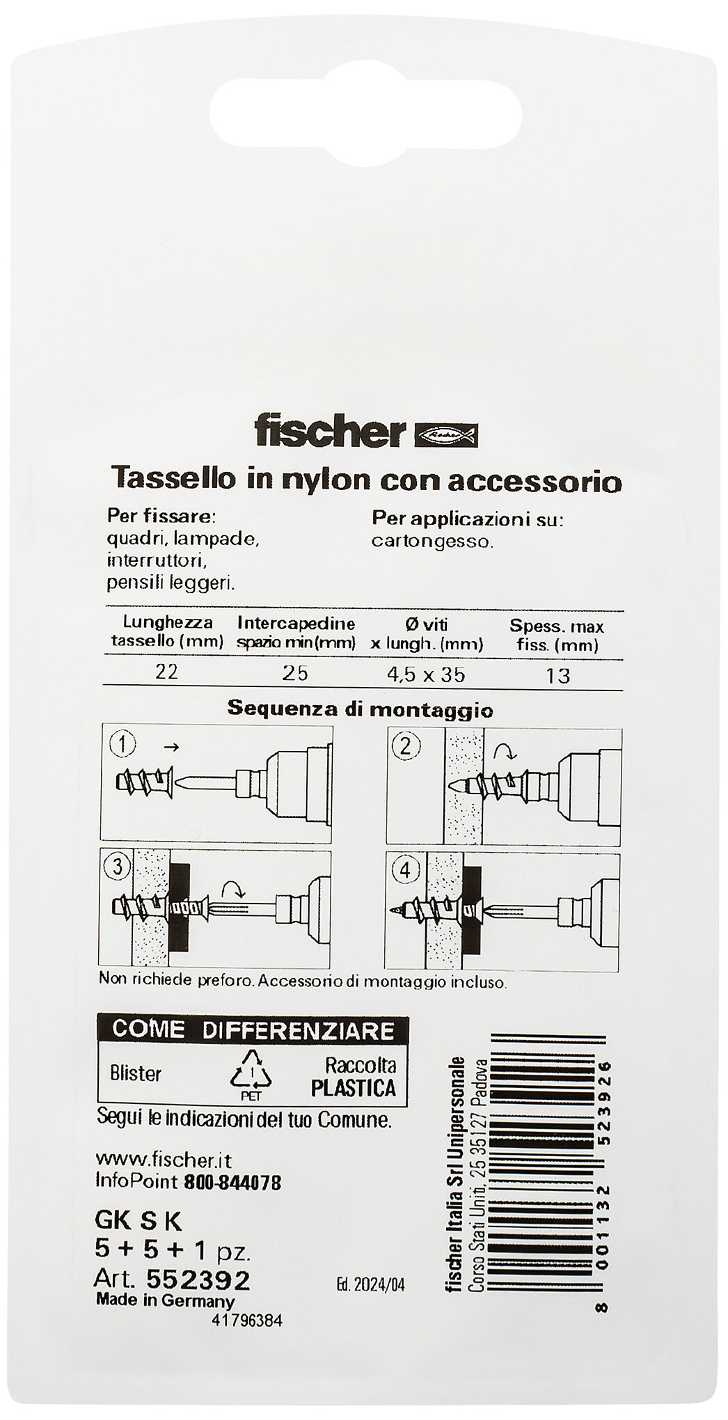 Confezione: "GK S Fissaggio per cartongesso con vite in blister"