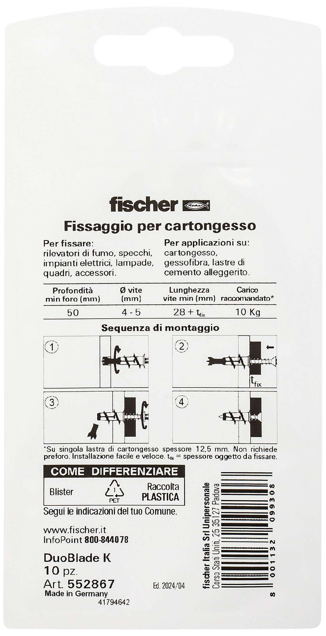 Confezione: "DuoBlade Tassello autoforante per cartongesso in blister"