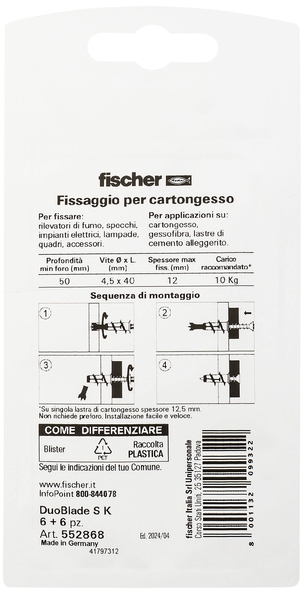 Confezione: "DuoBlade S Tassello autoforante per cartongesso con vite in blister"