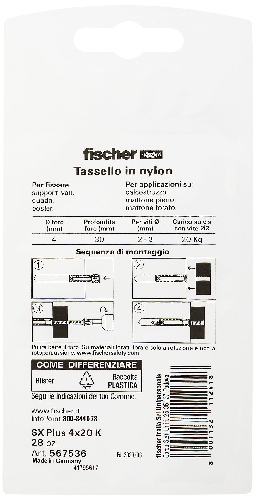 Confezione: "SX Plus 4x20 Tassello in Blister"