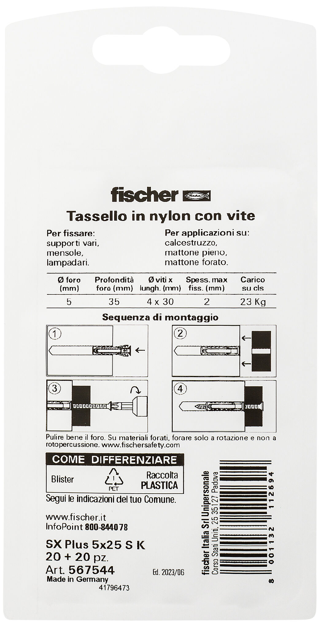 Confezione: "SX Plus 5x25 S Tassello con Vite in Blister"