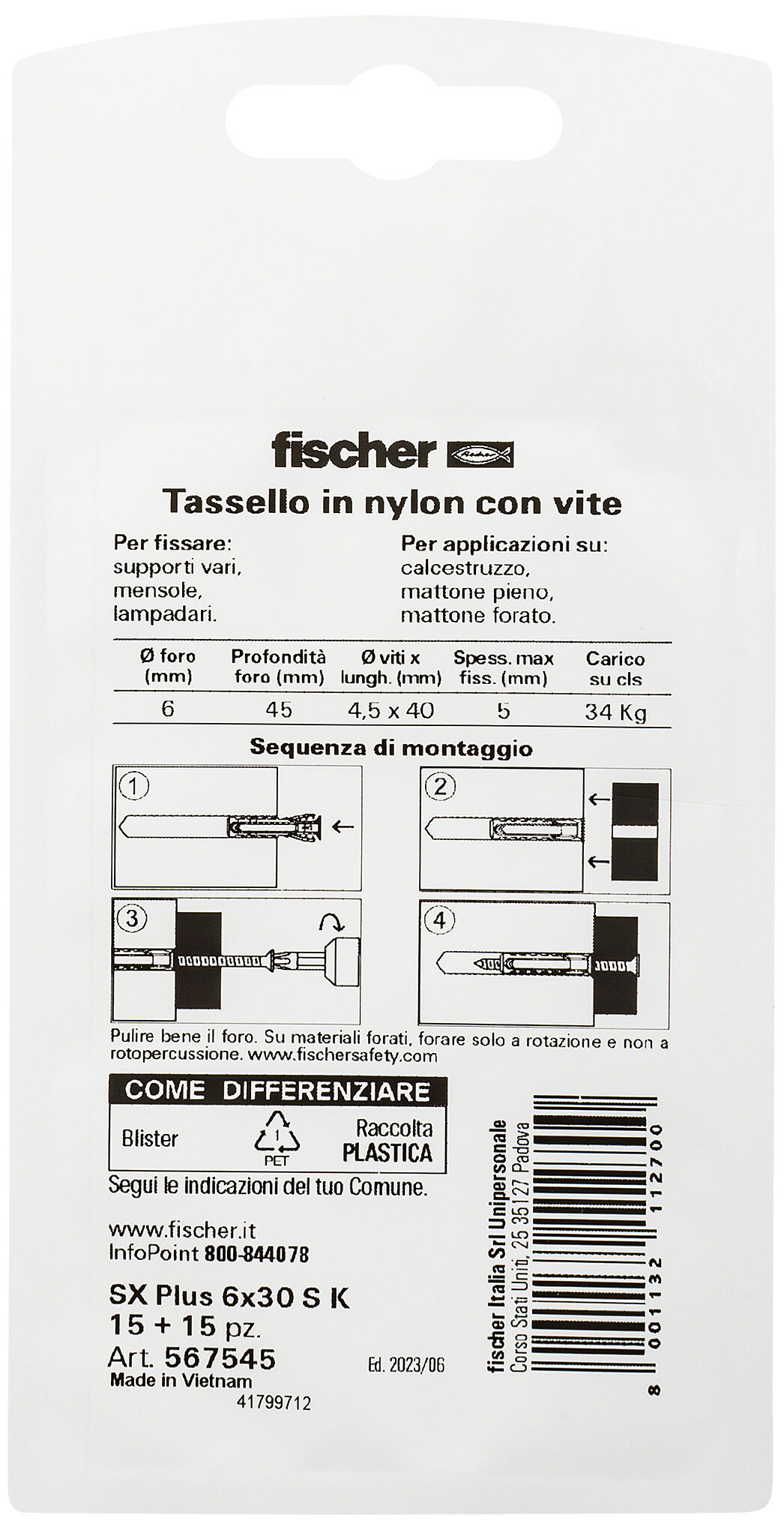 Confezione: "SX Plus 6x30 S Tassello con Vite in Blister"