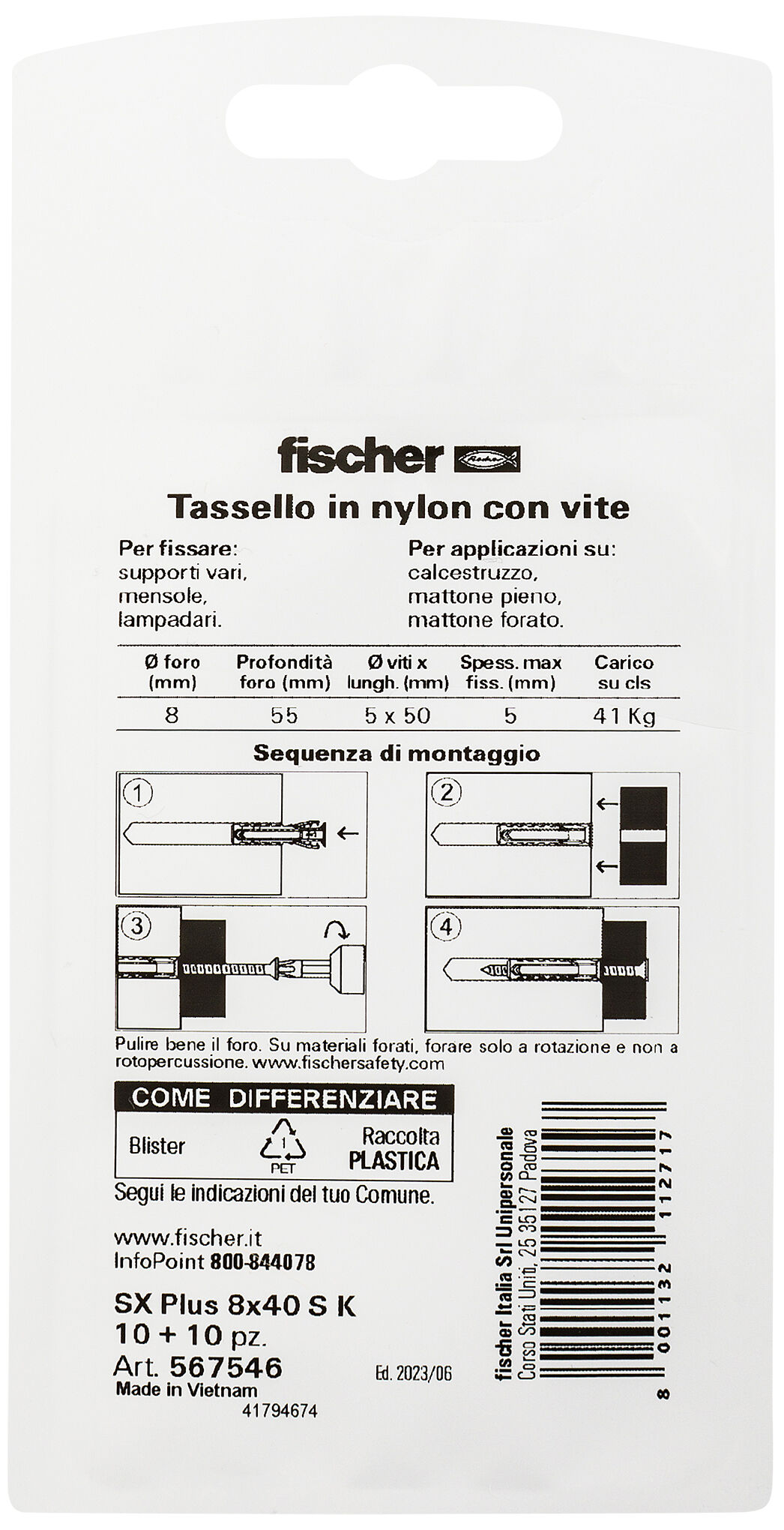 Confezione: "SX Plus 8x40 S Tassello con Vite in Blister"