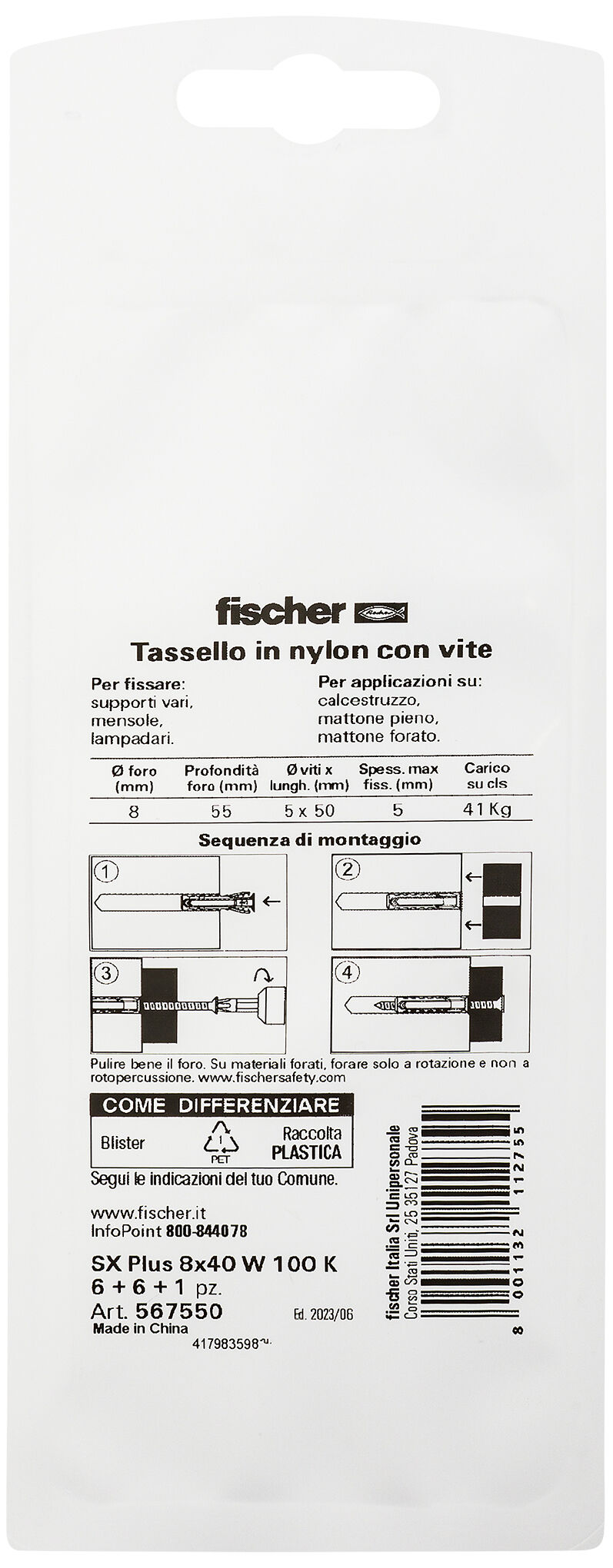 Confezione: "SX Plus 8x40 W100 Tassello con Vite e Punta in Blister"