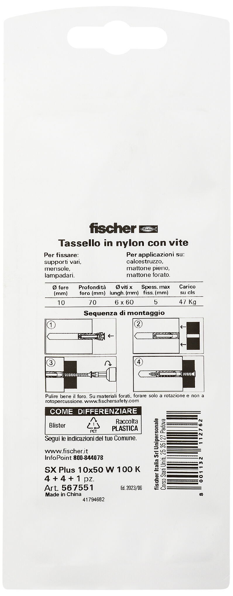 Confezione: "SX Plus 10x50 W100 Tassello con Vite e Punta in Blister"