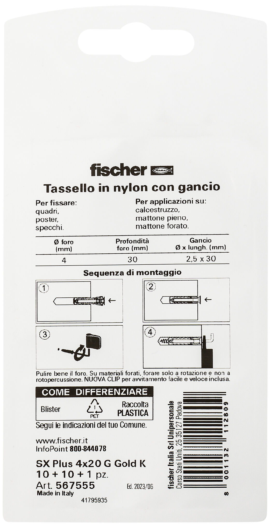 Confezione: "SX Plus 4x20 G Gold Tassello con Gancio Oro in Blister"