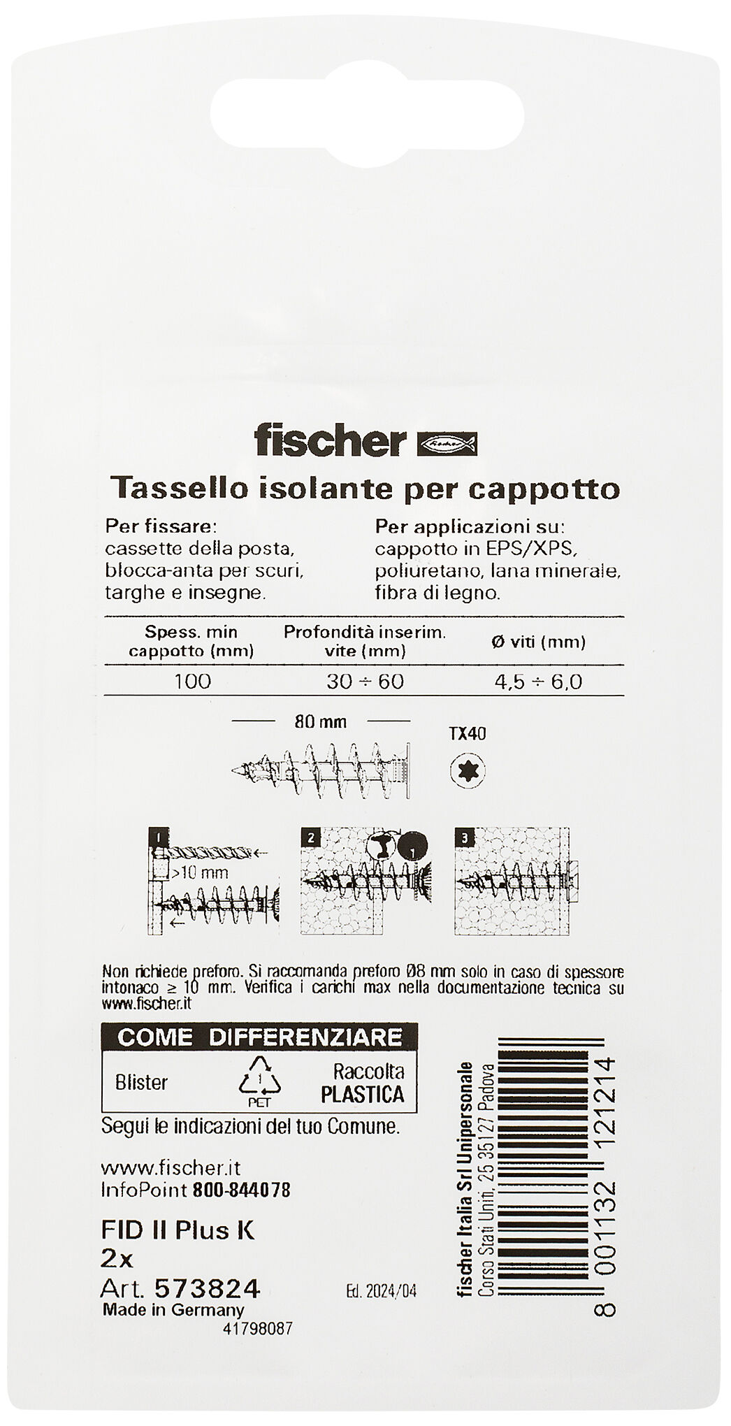 Confezione: "Tassello isolante FID II Plus in blister"