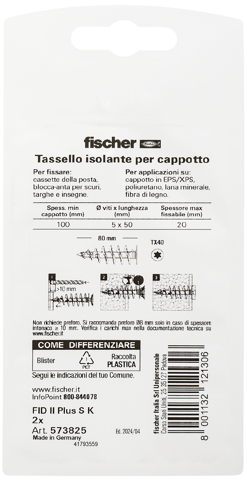 Confezione: "Tassello isolante FID II Plus S con vite in blister"