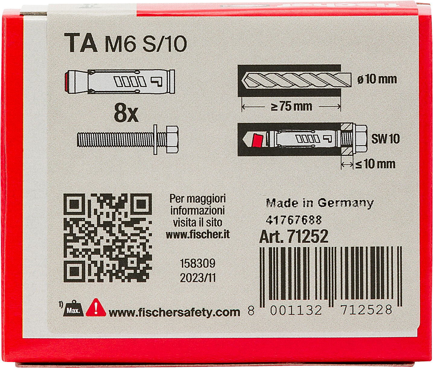 Confezione: "TA M6 S/10 Y Ancorante metallico con vite T.E."