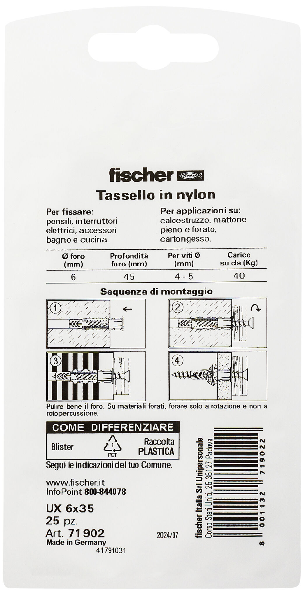 Confezione: "UX 6x35 tassello in blister"