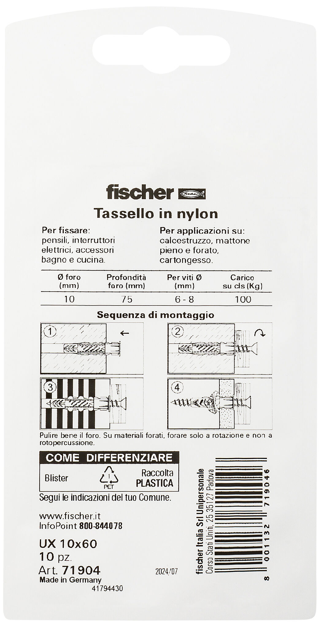 Confezione: "UX 10x60 tassello in blister"