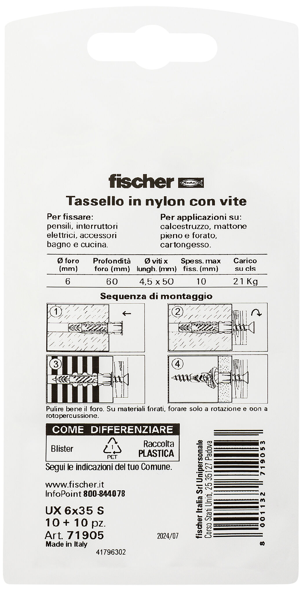 Confezione: "UX 6x35 S tassello con vite in blister"