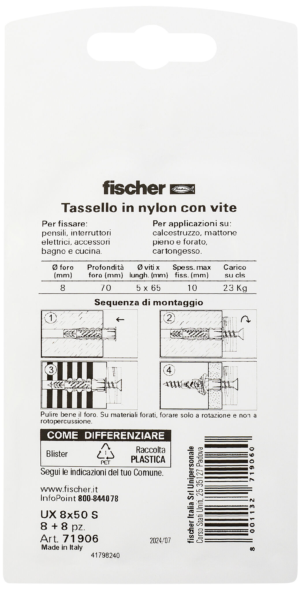 Confezione: "UX 8x50 S tassello con vite in blister"
