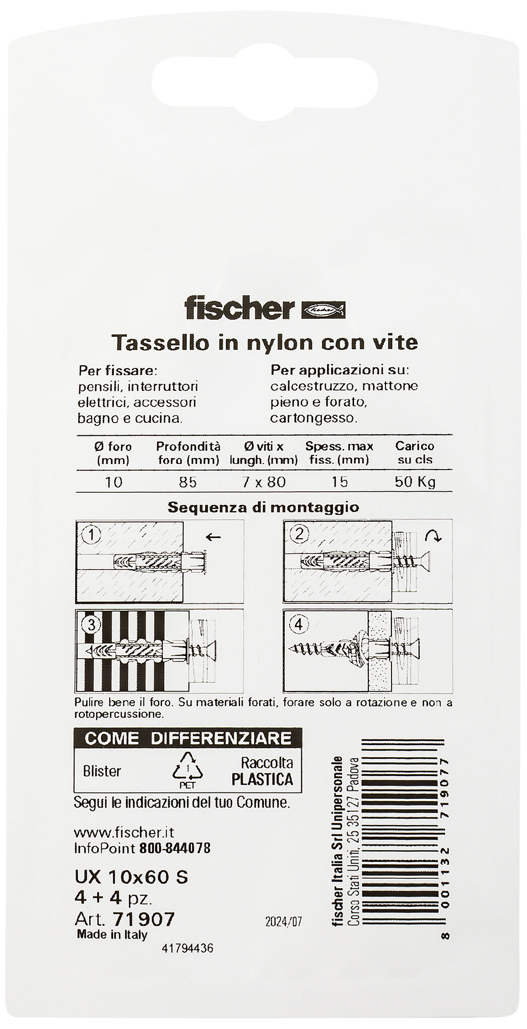 Confezione: "UX 10x60 S tassello con vite in blister"