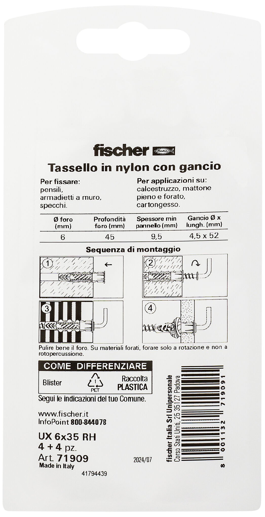 Confezione: "UX 6x35 R H tassello con gancio in blister"
