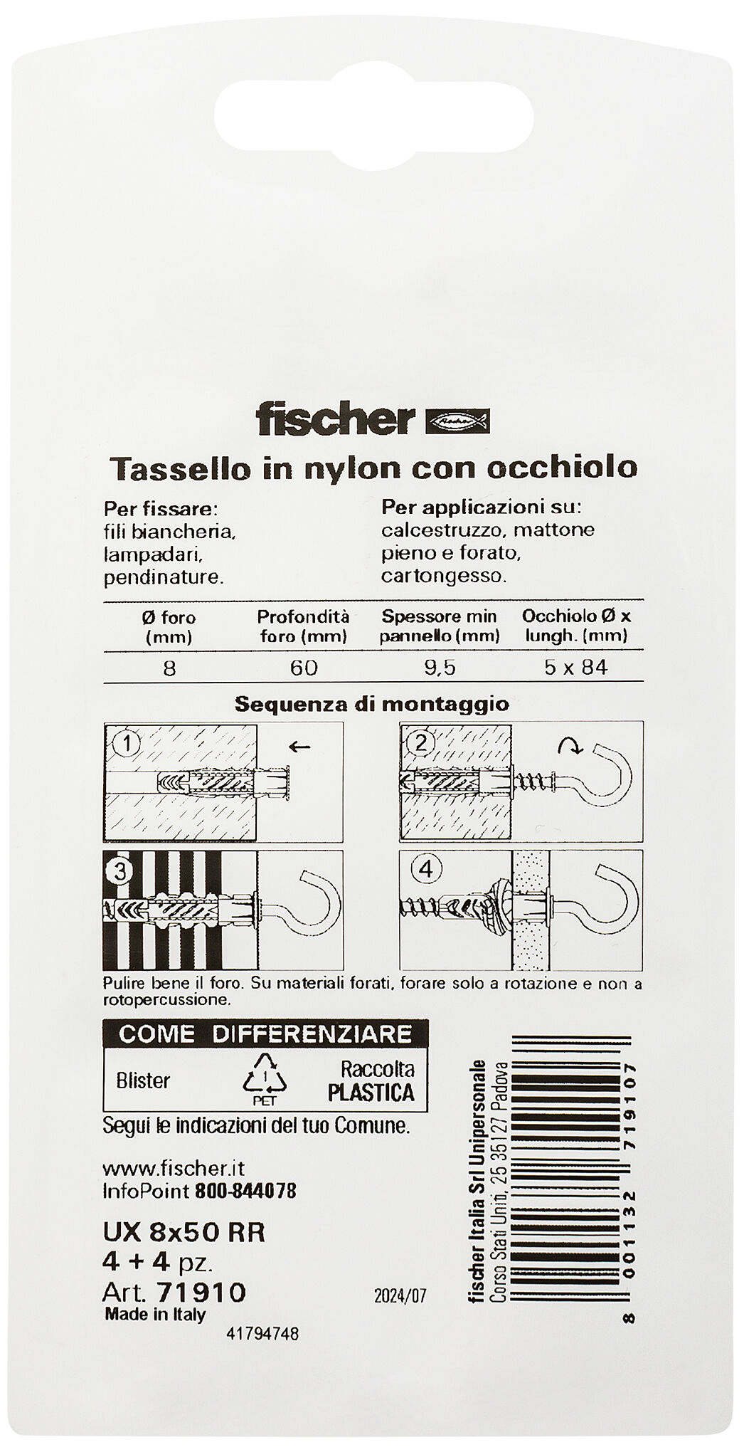 Confezione: "UX 8x50 R tassello in blister"