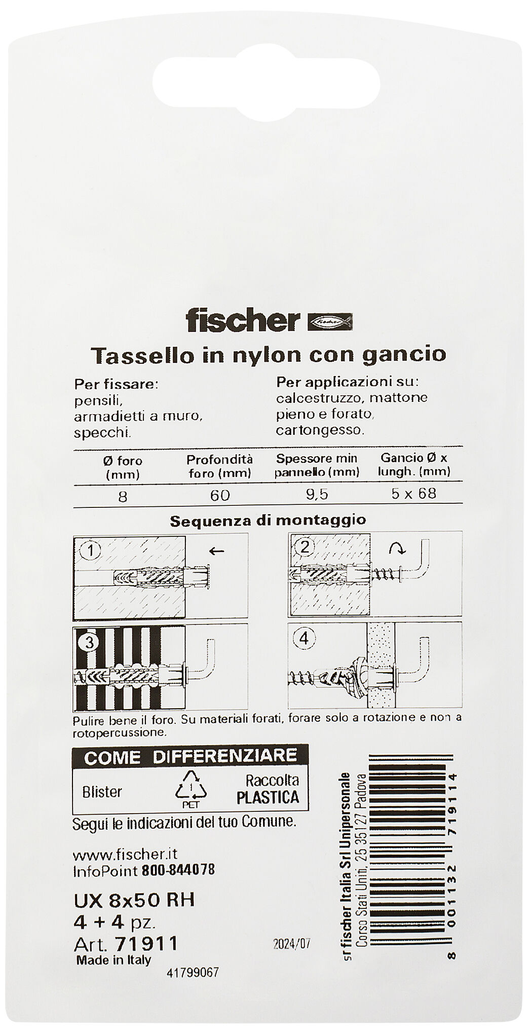 Confezione: "UX 8x50 H tassello con gancio in blister"