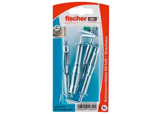 Packaging: "fischer Metal cavity fixing HM 5 x 65 H with angle hook SB-card"