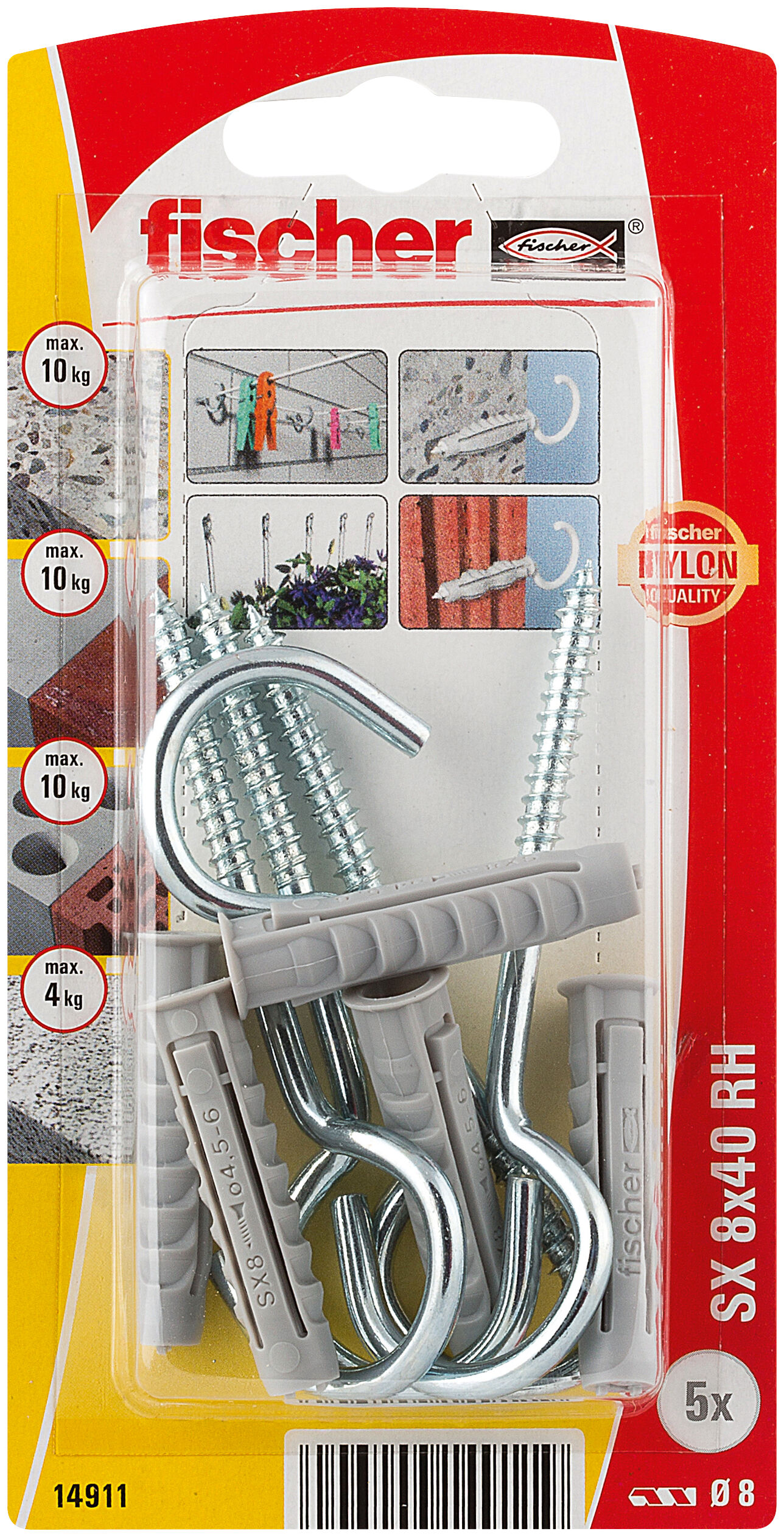 Packaging: "fischer Expansion plug SX 8 x 40 RH with round hook"