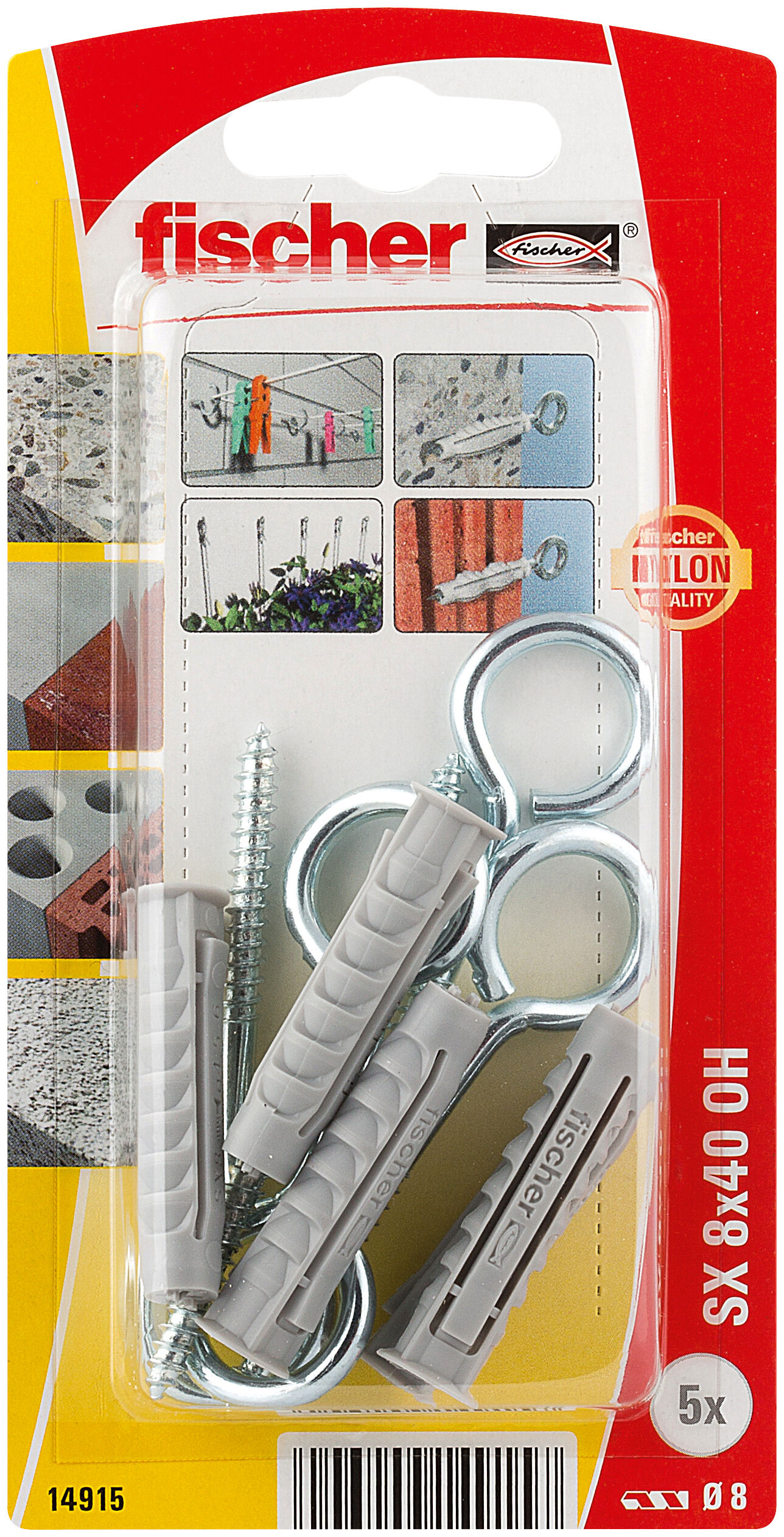 Packaging: "fischer Expansion plug SX 8 x 40 OH with eye hook"