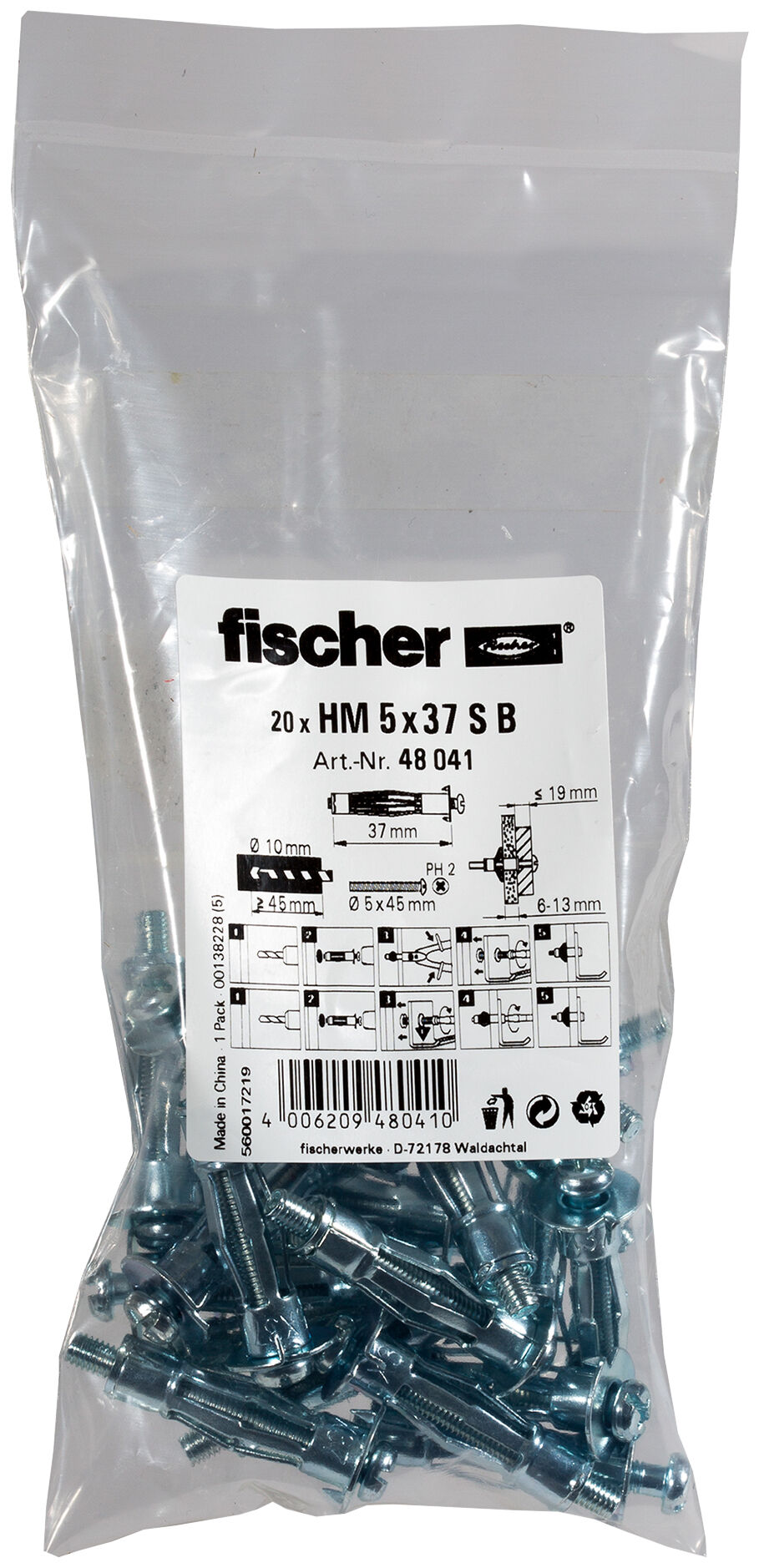Packaging: "fischer Metal cavity fixing HM 5 x 37 S B polybag"