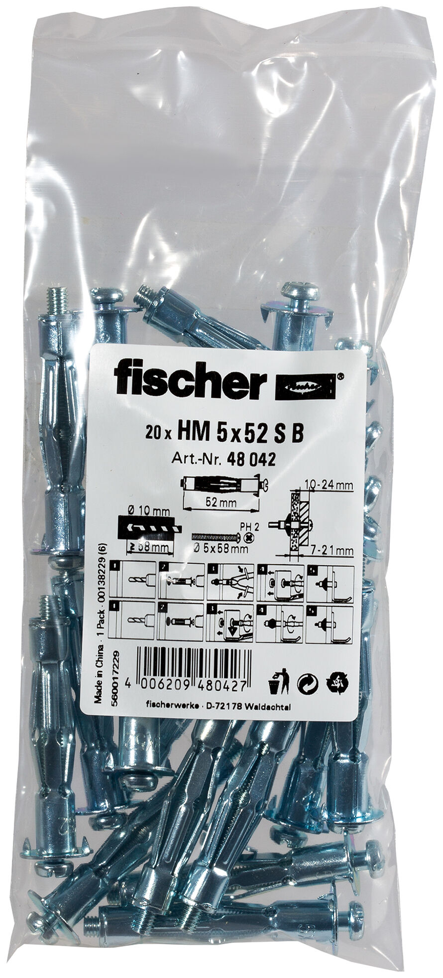 Verpackung: "fischer Hohlraum-Metalldübel HM 5 x 52 S B im Beutel"