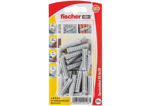 Packaging: "fischer Expansion plug SX 6 x 30 with rim"