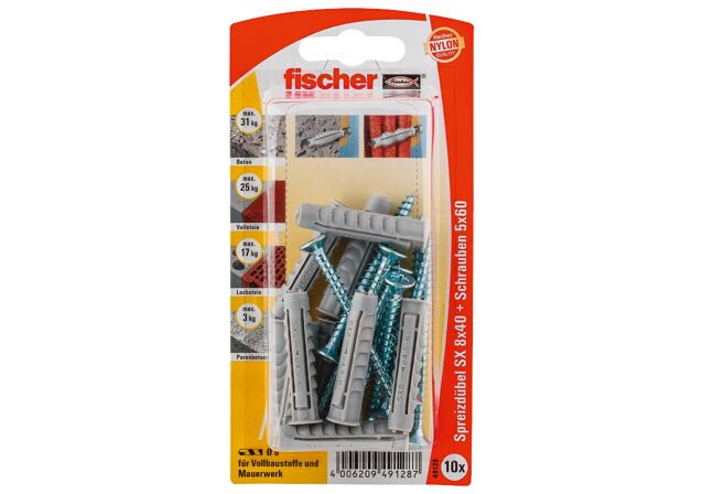 Packaging: "fischer Expansion plug SX 8 x 40 S with screw"