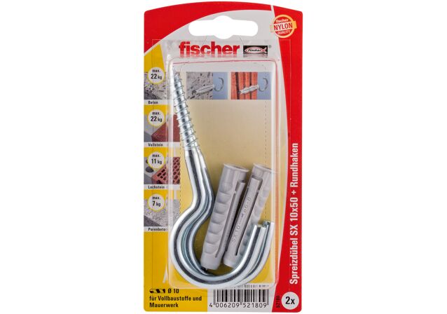 Packaging: "fischer Expansion plug SX 10 x 50 RH with round hook"