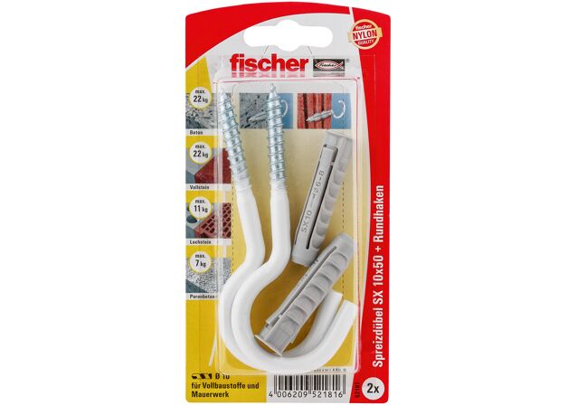 Packaging: "fischer Expansion plug SX 10 x 50 RH N with round hook white"