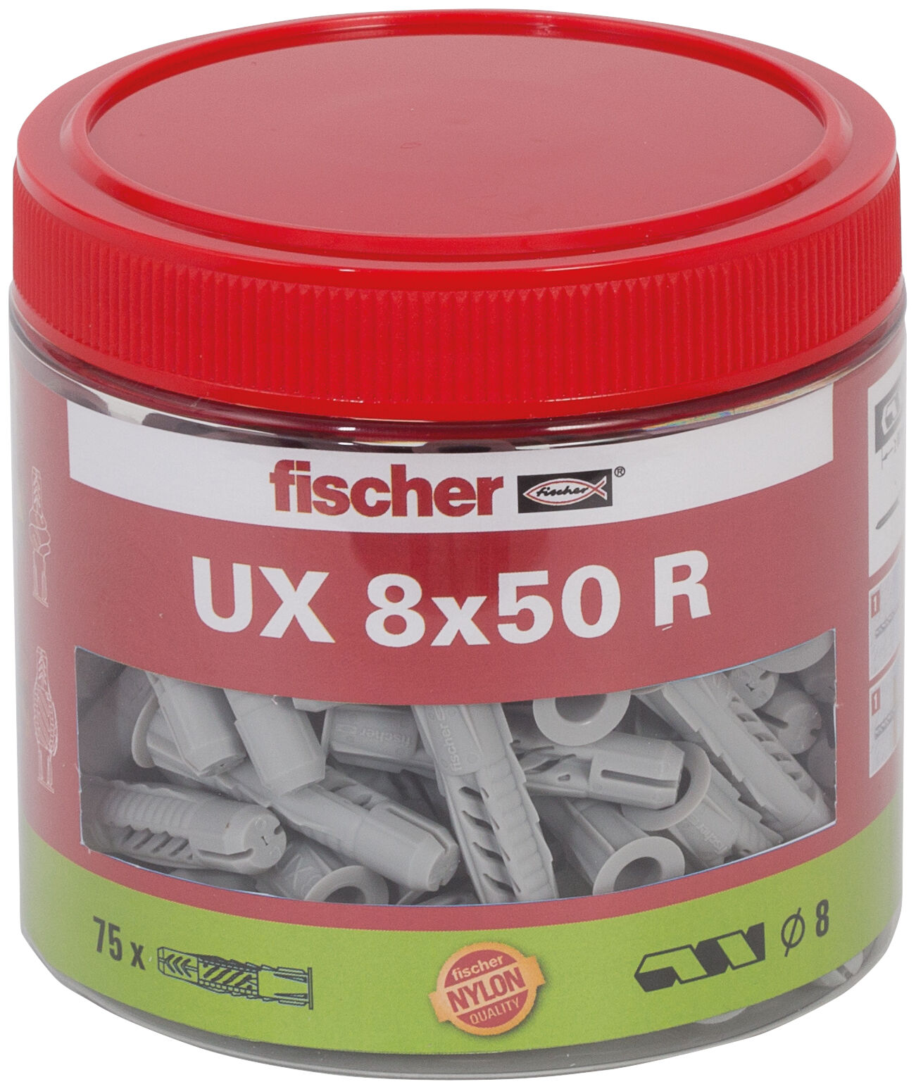 Packaging: "fischer Universal plug UX 8 x 50 R with rim, tin"