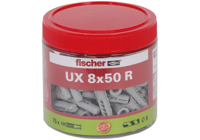 Packaging: "fischer Universal plug UX 8 x 50 R with rim, tin"