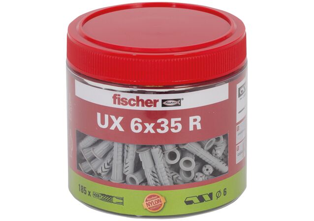 Packaging: "fischer Universal plug UX 6 x 35 R with rim, tin"