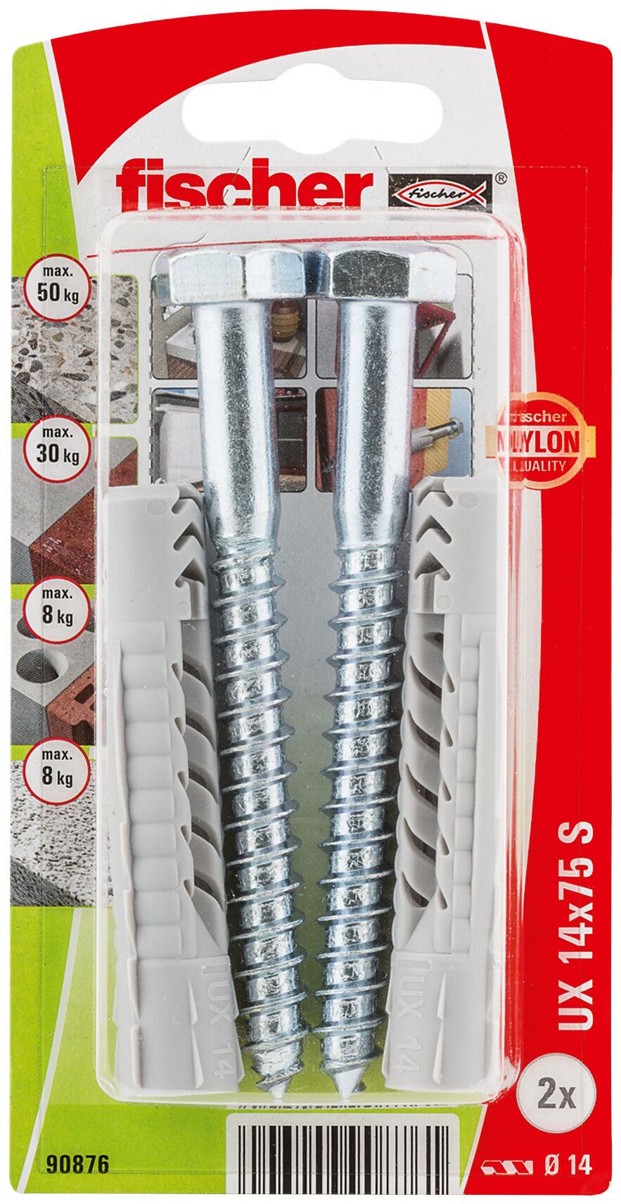 Packaging: "fischer Universal plug UX 14 x 75 S with screw"