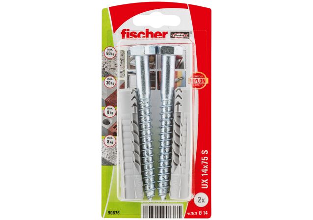 Packaging: "fischer Universal plug UX 14 x 75 S with screw"