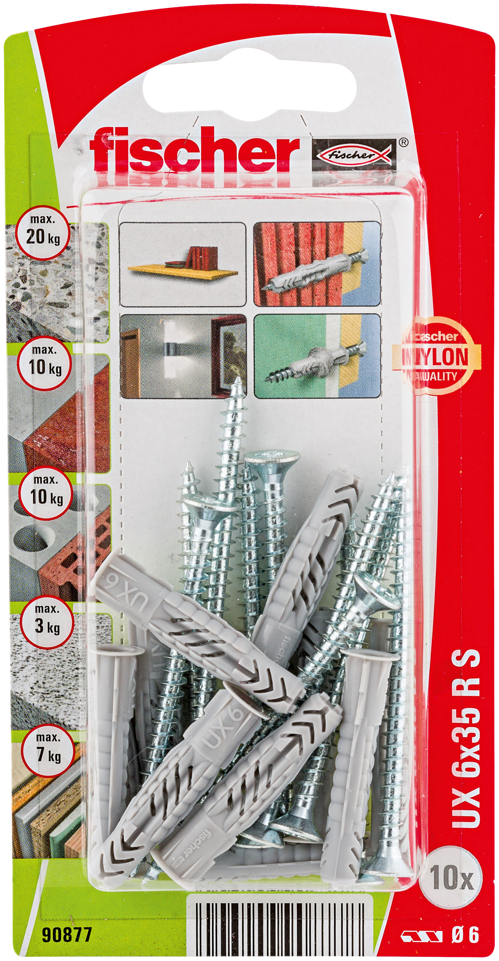 Packaging: "fischer Universal plug UX 6 x 35 R with rim and screw"