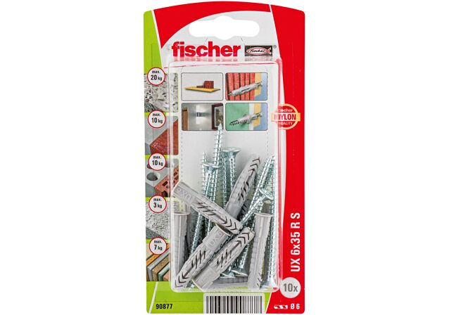 Packaging: "fischer Universal plug UX 6 x 35 R with rim and screw"