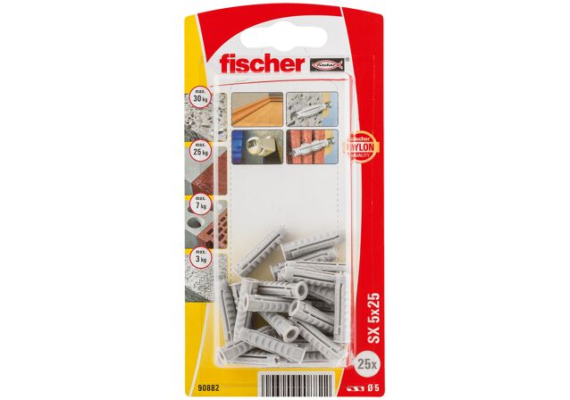 Packaging: "fischer Expansion plug SX 5 x 25 KP with rim small pack"