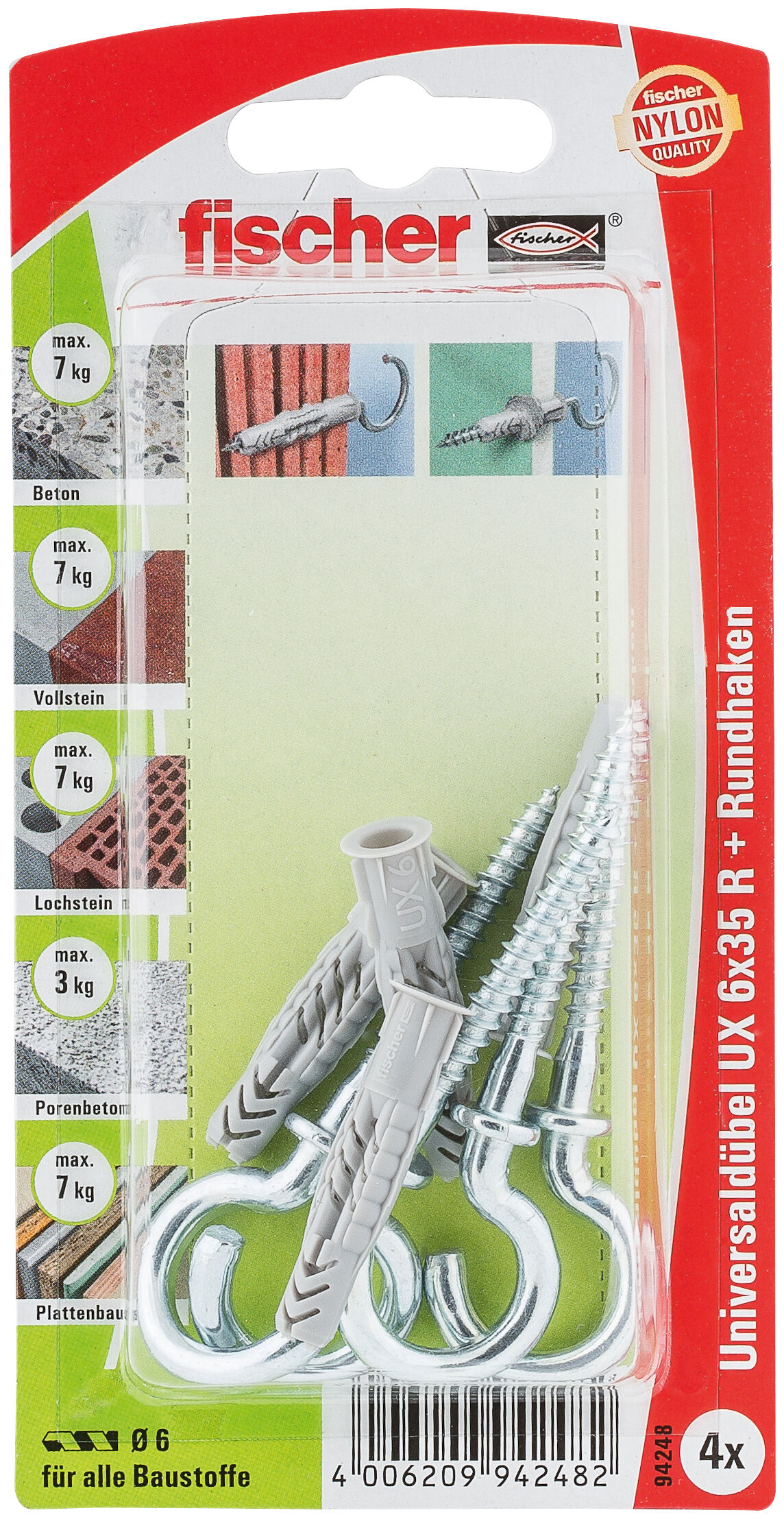 Packaging: "fischer Universal plug UX 6 x 35 RH K with round hook"