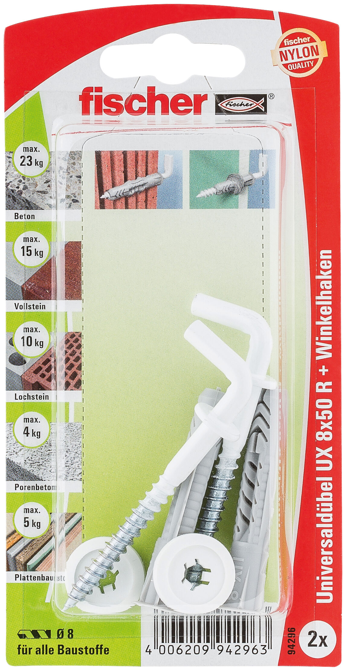 Packaging: "피셔 범용 플러그 UX 8 x 50 WH N K 림(rim)과 백색 앵글 훅"