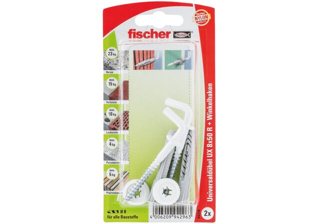 Verpackung: "fischer Universaldübel UX 8 x 50 RH mit Winkelhaken, nylonbeschichtet"